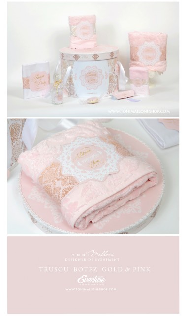 Trusou de botez clasic si elegant in nuante de alb, roz si auriu, Lacy 13